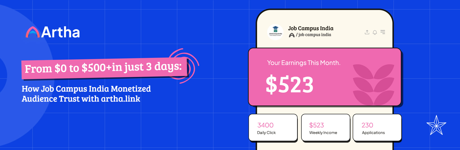 From $0 to $500+in just 3 days: How Job Campus India Monetized Audience Trust with artha.link